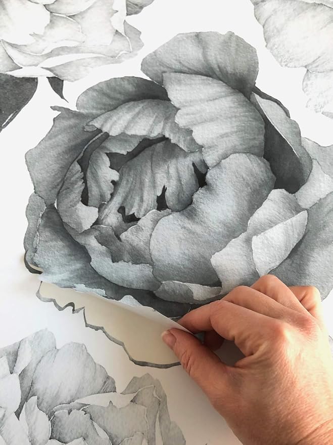 Peony Watercolor Wall Decals (Black and White Watercolor) - Flowers Decals for Wall - Botanical Bedroom Decor - Floral Peonies Grey Wall Stickers with Test Sample - Image 6