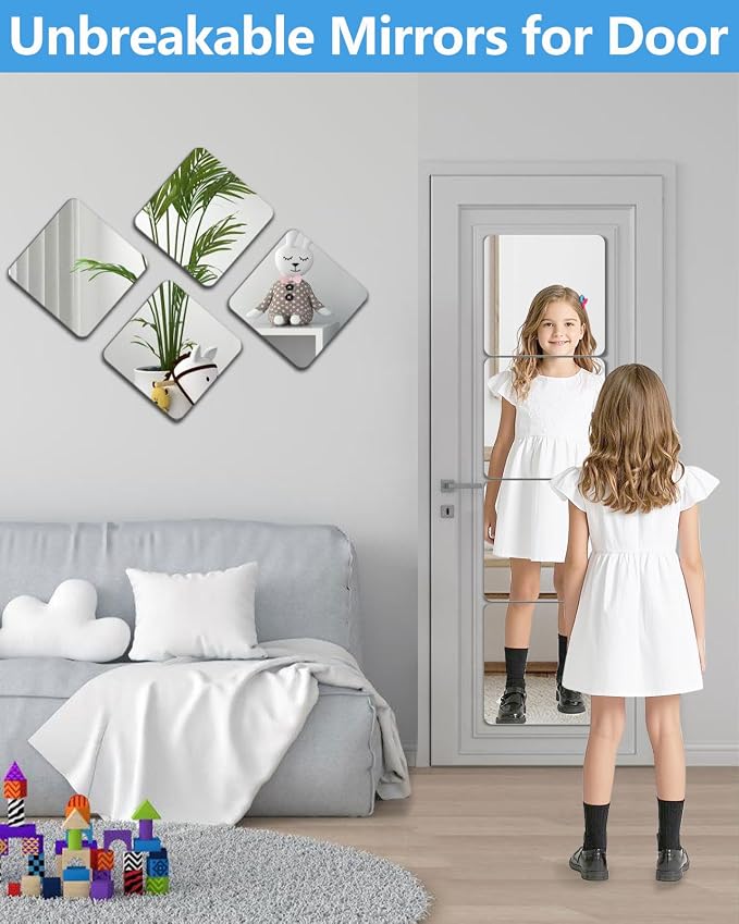 Unbreakable Mirror Tiles Self Adhesive,4PCS 8”x8” Toddler Mirror for Classroom Decor, Peel and Stick On Small Mirrors for Wall Decor, Shatterproof Plastic Mirrors Stickers for Kids Decorative - Image 3
