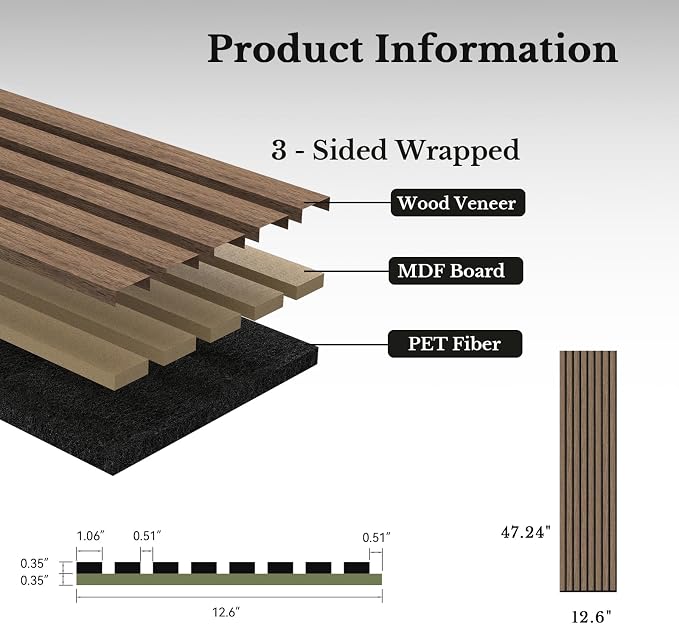 MISSDAY Wood Slat Acoustic Wall Panels, 2 Packs 47.2" x 12.6" Walnut Soundproof Panel For Interior Wall Decor Noise Absorbing-3D Textured Wooden Panel Sound-Absorbing for Home, Office, Studio - Image 6