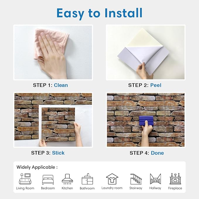 COMSTICKC 3D Faux Stone Wall Panels Peel and Stick, 10 Pcs 11.8" x 11.8" | Dark Brown, Not Real Stone, Ultra-Light Thin PVC Fake Rock Wall Sticker Covering for Easy DIY Interior Decor, Cover 9.7 sq ft - Image 8