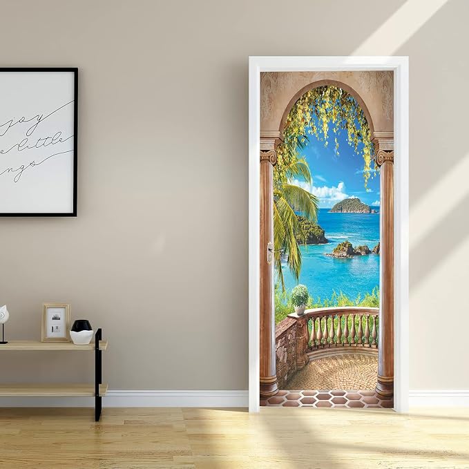artfanke 3D Balcony Arch Seascape Peel and Stick Door Sticker 30.3"x78.7",Self-Adhesive Door Wall Murals Wallpaper Decal for Living Room Bedroom Decor (2 Sheets/Set) - Image 2