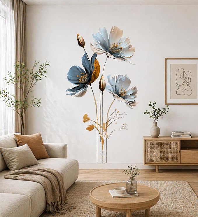 Blue & Gold Floral Wall Decal for Bedroom Living Room, Semi-Transparent Vinyl Peel and Stick Wall Sticker, Waterproof Removable Modern Flower Wall Art for White Walls - Image 8