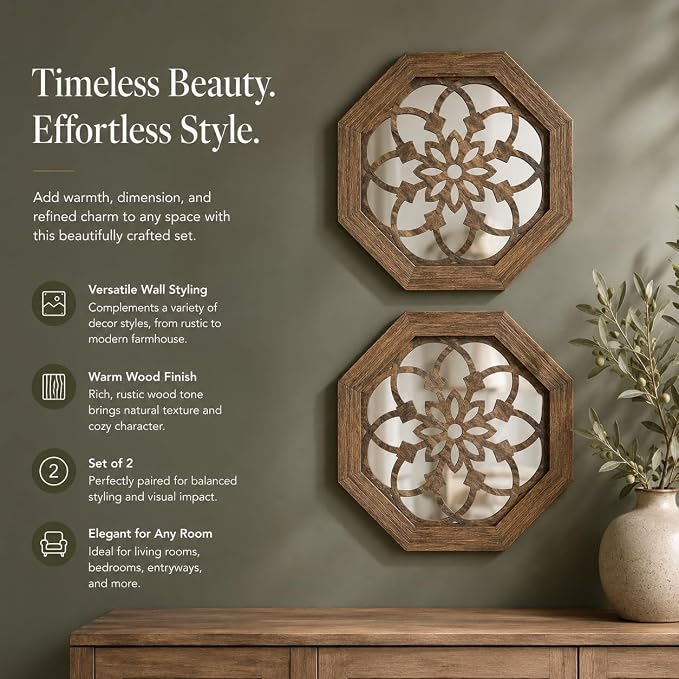 2 Pack 12 Inch Octagon Maroon Rustic Wood Frame Acrylic Wall Mirrors, Farmhouse Boho Wall Art Decor for Living Room, Bedroom, Hallway, Entryway, Bathroom & Office - Image 6