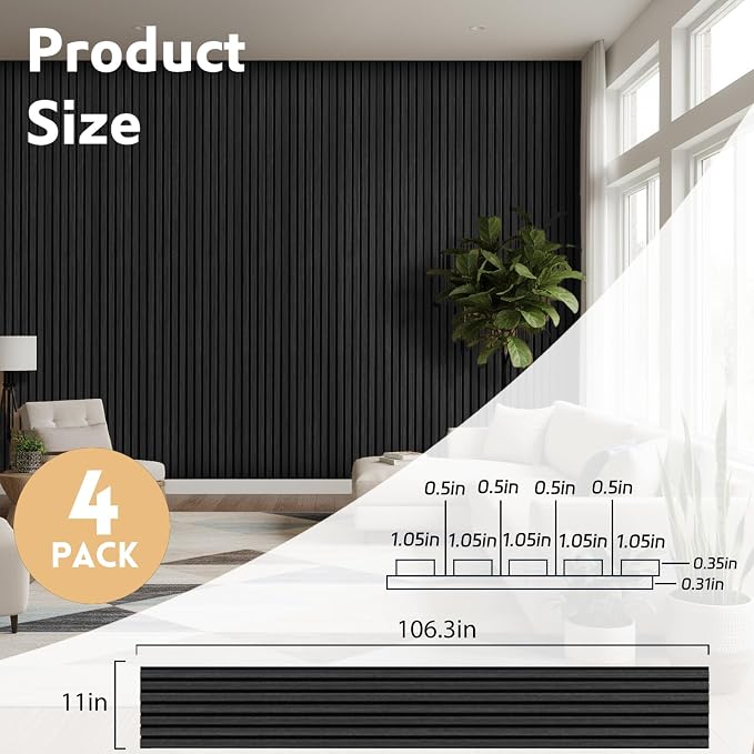 4 Pack Wood Panels for Wall, 106.3" × 11" Wood Slat Acoustic Panels for Wall, Soundproof Panels, 3D Fluted Panels for Interior Wall Decor (Blackwood) - Image 2