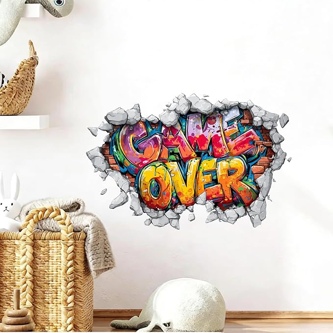 Game Over Wall Decals Stickers, Graffiti Letter Wall Art Peel and Stick, Removable Vinyl Wall Decor for Bedroom, Living Room, Office, Home Decoration - Image 5