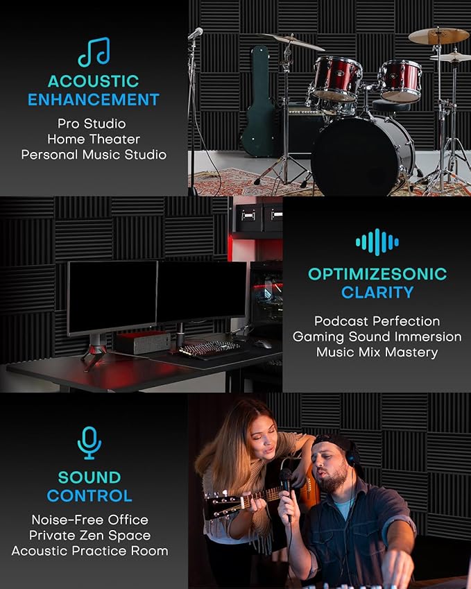 Knightsacoustic 24 Pack Sound Proof Foam Panels for Walls with Self Adhesive, 12x12x1 Acoustic Foam Panels, High Density Acoustic Panels Sound Absorbing, Fire Resistant Studio Sound Proofing Black - Image 8