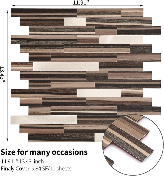 Yipscazo 1 Sheet Peel and Stick Stone Metal Tile Backsplash, Stick on Tiles for Backsplash Kitchen, Bathroom, Laundry Room, Camper, Fireplace (12'' X 12'', Brown Wood) - Image 5