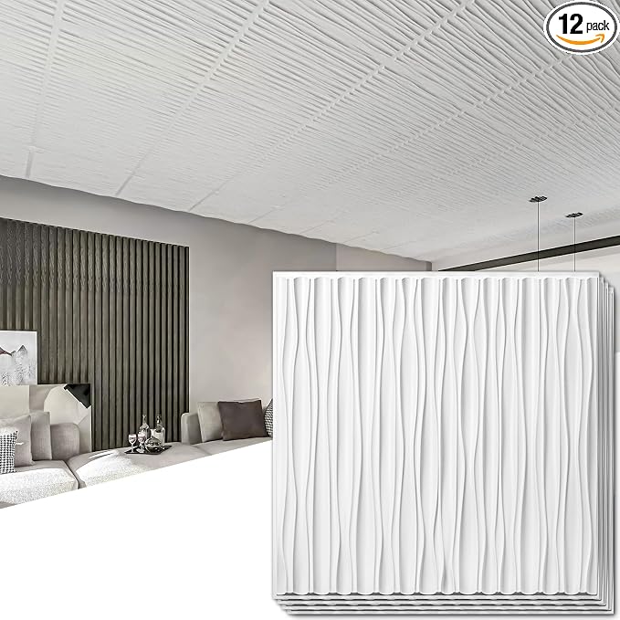 Art3dwallpanels Ceiling Tiles 24 x 24, 12 Pack, White | Interior Wall Décor, Drop Ceiling Tile 3D Wall Panel, Fire Rated Waterproof Premium PVC, No Sag and Breakage, Cover 48 Sq.Ft. by Art3dwallpanels