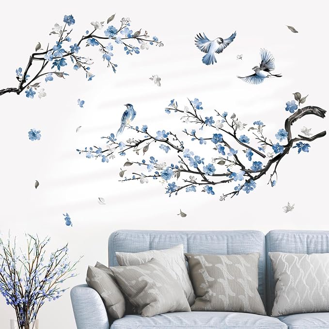decalmile Blue Flower Branch Blossom Tree Branch Wall Decals Stickers - Image 2