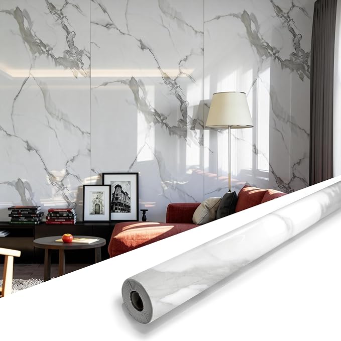 Marble Peel and Stick Waterproof Wall Paneling, 118" x 47" Carrara White Glossy Finish Self-Adhesive Backsplash Tile Vinyl Wall Panel for Kitchen Bathroom Wall Decor, Covers 38.75 Sq. Ft. by premiumqualitypeelandsticktile