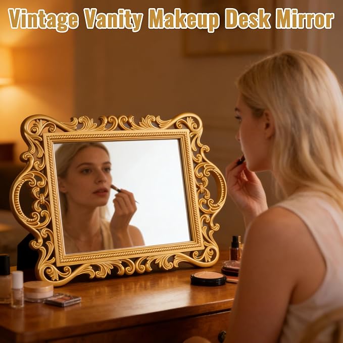 YEXEXINM 3 Styles Vintage Gold Mirror Set Decorative Antique Mirrors for Wall Hanging Vanity Table Mirrors with Stand Resin Frame Retro Mirror for Living Room, Bedroom, Dresser & Photography Decor - Image 5