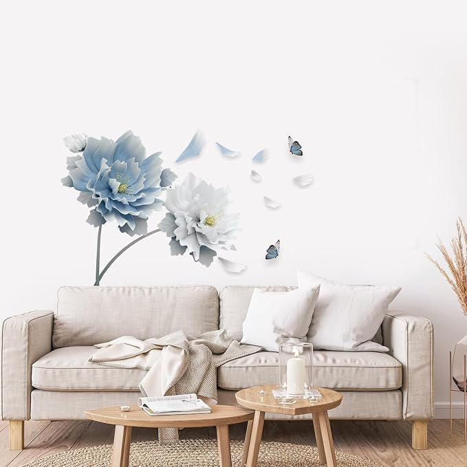 Large Peony Flower Wall Decals Elegant Blue and White Floral Wall Sticker Removable Vinyl Blossom Murals with Flying Butterflies Petals for Living Room Bedroom Sofa TV Background Home Decor - Image 5