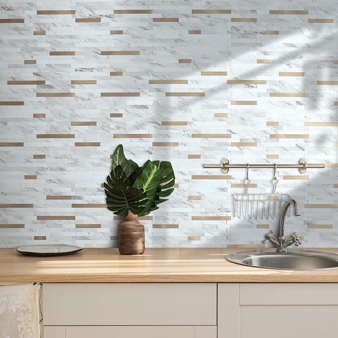 AULIGET 2 Sheets Faux Stone White Marble Peel and Stick Backsplash, PVC Mixed Metal Champagne Gold Wall Tile Stick on Backsplash for Kitchen and Bathroom - Image 2