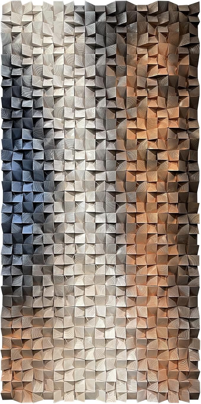 LIUZEYUE Contrasting Pine Relief, Modern Wood Wall Sculpture, Block Relief | 3D geometric wood wall decor; blue gray and ivory, tactile wood mosaic; reception lounge feature-wall anchor; 27.6 x 55.1 in - Image 2