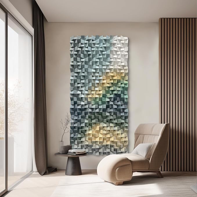 LIUZEYUE Faceted Geometric Mosaic, Dimensional Wood Wall Art, Wooden Decor | wood wall decor; muted green and sand, light-responsive relief; hotel guest suite statement wall; 27.6 x 55.1 in - Image 8