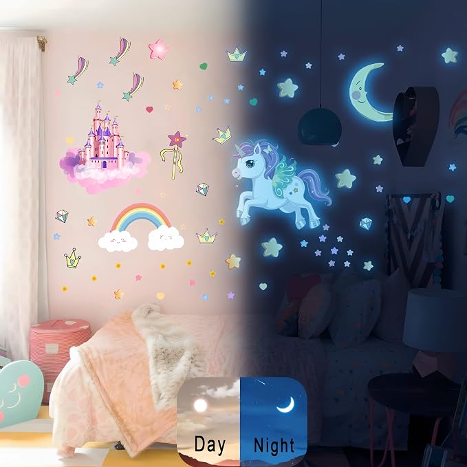 Glow in The Dark Stars and Unicorn Wall Decals, Glowing Castle Moon and Rainbow Stickers, 174 pcs Luminous Ceiling Decor for Kids Bedroom, Decoration for Girls and Boys Room (Blue) - Image 4