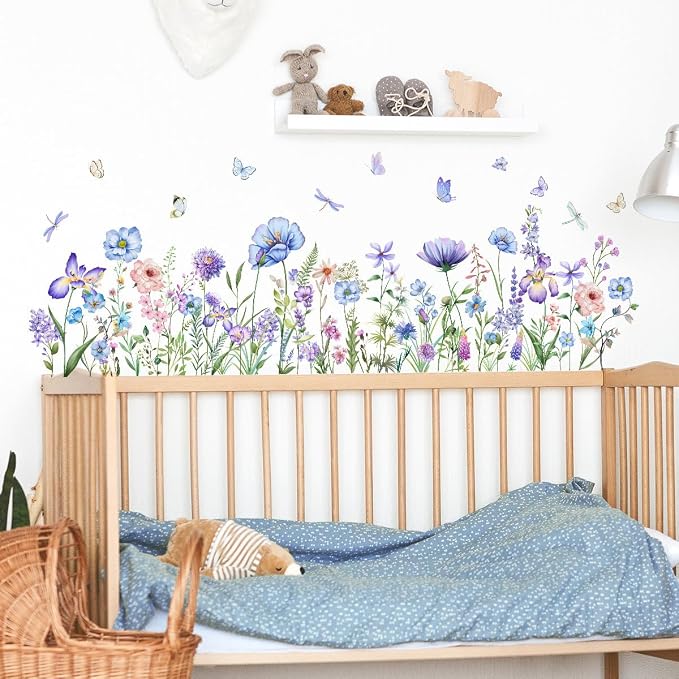2 Pieces Purple Flowers Wall Decals Vinyl Purple Flowers Wall Stickers Removable Floral Art Murals Peel and Stick Colorful Decor for Girls Bedroom Living Room Nursery - Image 3