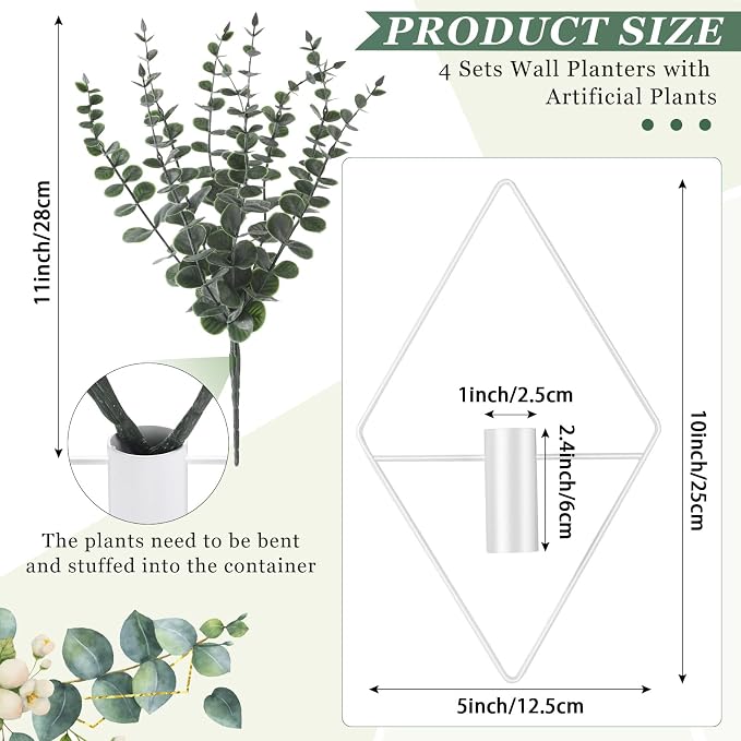 Jexine 4 Pcs Hanging Planters with Artificial Eucalyptus, Metal Wall Vase | Bathroom Wall Decor, Geometric Metal Vase, Indoor Plants, Living Room, Home Office, Entryway, Boho Accent, Wall Mounted - Image 2