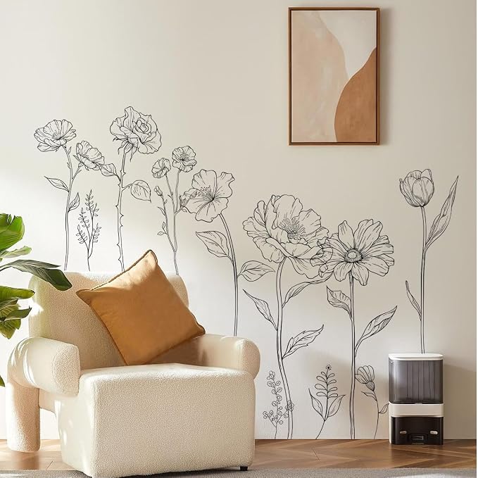3 Sheets Wall Stickers DIY Boho Flower Wall Decal Removable Waterproof Wall Art Decor for Bedroom Living Room Offices Home Decoration (Black Flower) - Image 5