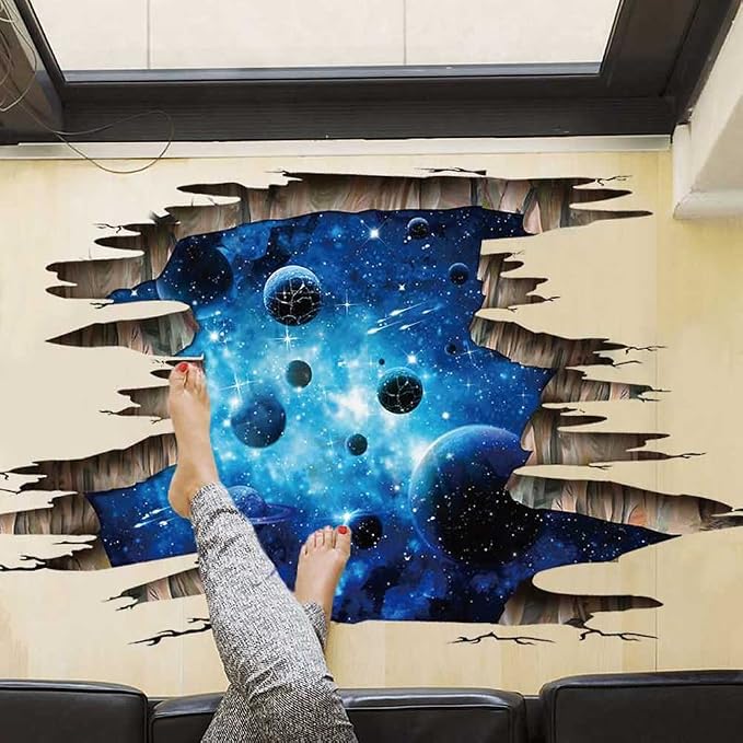 3D Space Floor Sticker,Blue Galaxy Wall Decal-Removable Mural for Kids Bedroom Living Room Milky Way Decorations - Image 3