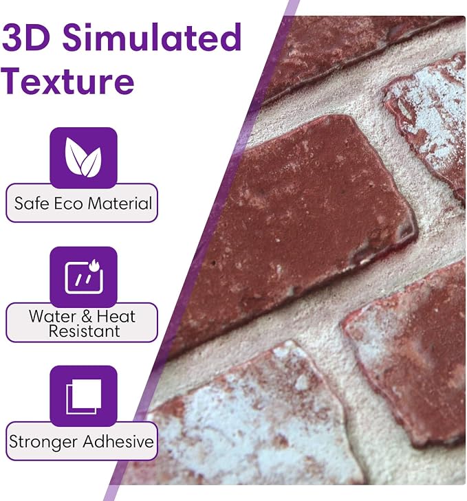 3D Faux Brick Wall Panels Peel and Stick, Designed for Quick DIY | Whitewash Red, 10 Pcs 11.8" x 11.8", Small Brick-Look, Light PVC Fake Brick Covering for Wall Renovation, Cover 9.7 sq ft - Image 4