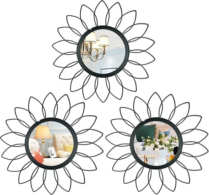 3 Pack Metal Mirrors for Wall Sunburst Wall Mirrors Home Décor Decorative Hanging Wall Art for Living Room Bedroom Entryway (Black, Flowers) by Uaussi