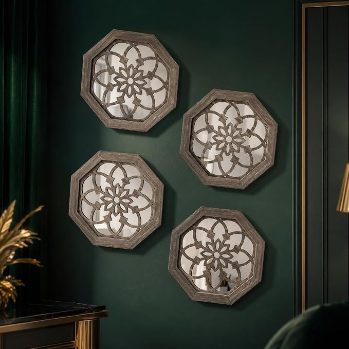 4 Pack 12 Inch Octagon Brown Rustic Wood Frame Acrylic Wall Mirrors, Farmhouse Boho Wall Art Decor for Living Room, Bedroom, Hallway, Entryway, Bathroom & Office - Image 7