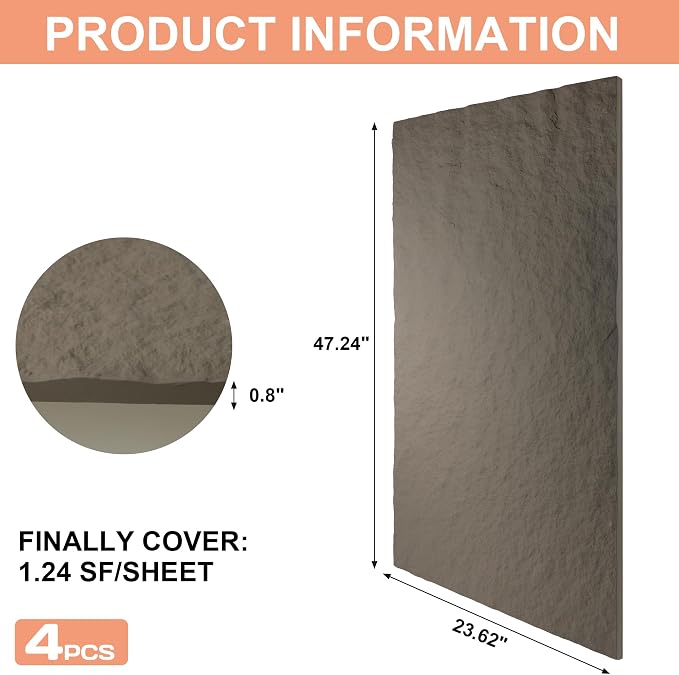 3D Faux Stone PU Wall Panels for Interior Decor, 4 Pieces, Grey | Cement Texture Accent Wainscoting Panel for Home, Office, 47.2" × 23.6" - Image 7