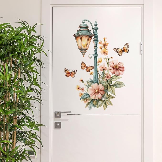Street Lamp Flower Butterfly Wall Stickers, Streetlight Floral Art Wall Decals Removable Vinyl Peel and Stick Wallpaper for Bedroom Living Room Sofa TV Background Home Decor - Image 5