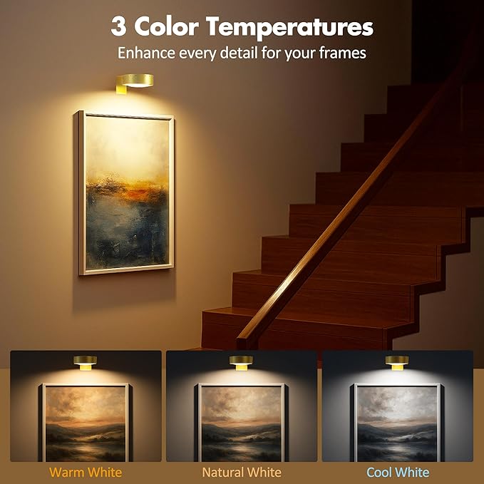 Picture Lights for Wall, Wireless Poster Lights Battery Operated, Gold | LED Magnetic Painting Light with Remote Dimmable, Timer＆3 Lighting Modes, Wall Decor Puck Light for Frame Art Display, 3 Pack - Image 2