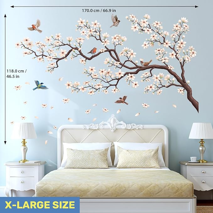 DECOWALL Large Cherry Blossom Tree Wall Stickers Decals Wall Art (SG4-2317) | Peel and stick, removable, large white flowers, birds, falling petals; elegant decor for bedroom, living room, nursery walls. - Image 6