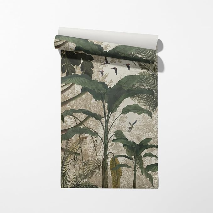 Vintage Tropical Botanical Peel and Stick Wall Mural, Canvas Wallpaper | Large Removable Jungle Mural with Palm Leaves and Birds for Dining Room, Living Room or Accent Wall Decor - Image 8