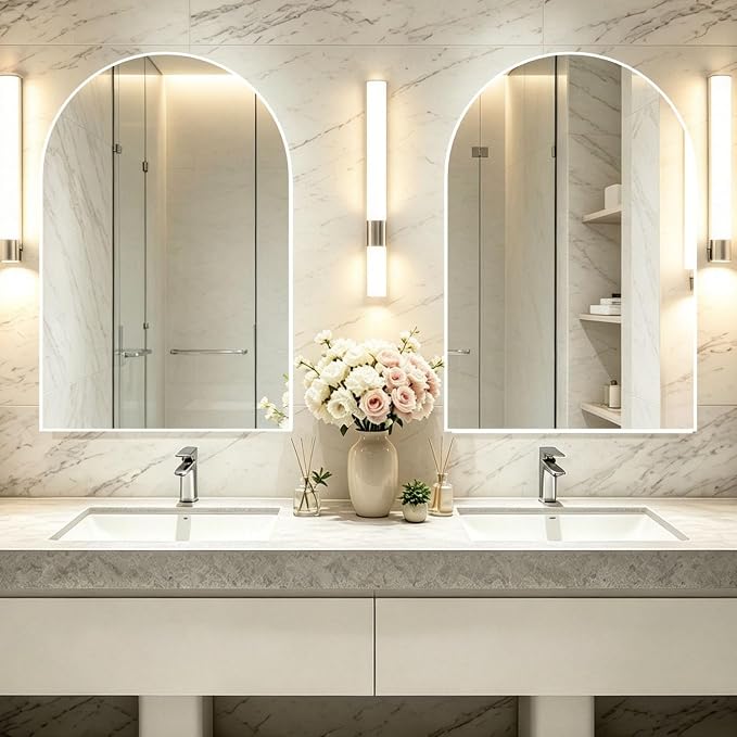 Wall Mounted Mirror, Arched Wall Mirror for Bathroom, 2 Pieces 24"x36" Arch Bathroom Mirror with Metal Frame, White Vanity Mirror Decor for Mantle, Bedroom, Entryway, Living Room by NEUWEABY