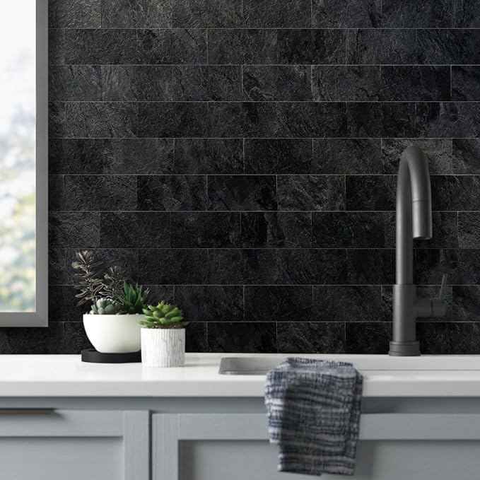 AULIGET 3" x 6" Peel and Stick Backsplash Wall Tiles, PVC Faux Stone Stick on Tiles for Backsplash Kitchen (4, Black Slate) - Image 2