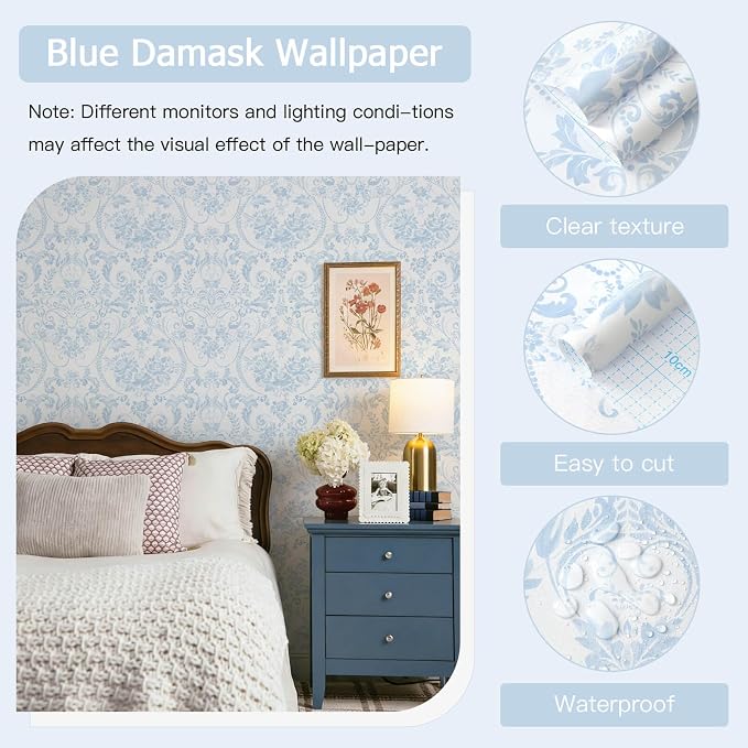Peel and Stick Wallpaper for Bedroom Blue and White Damask Waterproof | 393"×17.3" Blue Modern Damask Watercolor Wallpaper Vintage Accent Wall Decor with Grid Lines for Bathroom Self-adhesive - Image 3