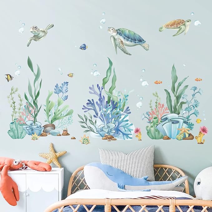 wondever Ocean Seaweed Grass Wall Decals Turtle Under The Sea Wall Stickers | Peel and Stick, Removable, Wall Art Decals, Wall Decoration, Kids Room, Bedroom Baby Nursery Bathroom Playroom Decor - Image 3