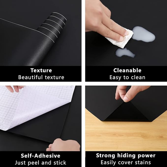 Arthome 11.8''x100'' Black Contact Paper, Self Adhesive Wallpaper Waterproof Gloss PVC Vinyl, Oil Proof,Black Wallpaper, Vinyl Paper for Furniture Cover Surface,Countertop,Kitchen,Shelf Liner - Image 5