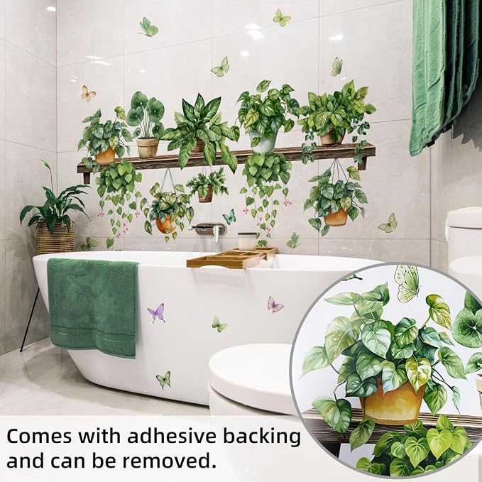2 Sheets Potted Green Plants Wall Stickers & Murals Peel and Stick Removable Wall Decals Living Room Vinyl 3D Wall Stickers for Bedroom Bathroom Cabinet Vine Wall Clings Decor with Butterflies - Image 5