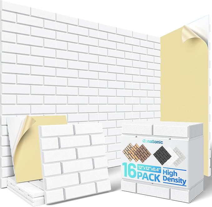 Self-Adhesive Acoustic Panels High Density Sound Proof Foam Panels for Wall | 16 Pack Brick Soundproof Wall Panels, 12" x 12" x 0.4" Sound Dampening Absorbing Panels for Home Studio Decor Office - White by Unknown