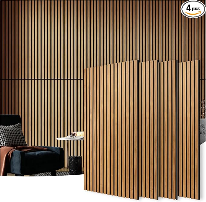 Art3d 4 Pack 47.2 x 23.6in. Wood Slat Acoustic Panels for Wall and Ceiling - 3D Fluted Sound Absorbing Panel with Wood Finish - Teak by Art3d