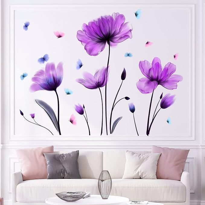 Flowers Wall Sticker Purple Floral Wall Decal Removable Butterfly Wall Stickers Self Adhesive Decal Mural for Nursery Bedroom Kids Room by Erllsino