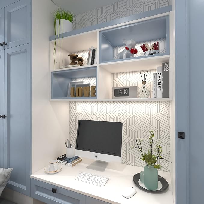 MelunMer White and Silver Peel and Stick Wallpaper Modern 17.7”×197” | Sliver Stripe Wallpaper Self Adhesive Removable Wallpaper Geometric Pattern Hexagon Wallpaper Shelf Drawer Liner Vinyl Film - Image 3