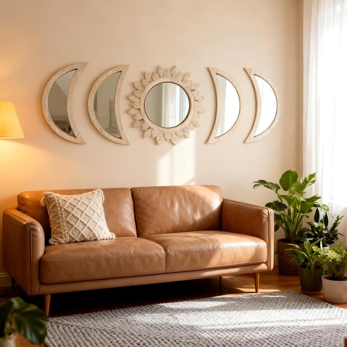 5 Pieces Moon Phase Mirror Wall-Mounted Wall Decor Mirrors Natural Wooden Sunburst Bohemian Wall Art for Home Living Room Bedroom Decoration - Image 2