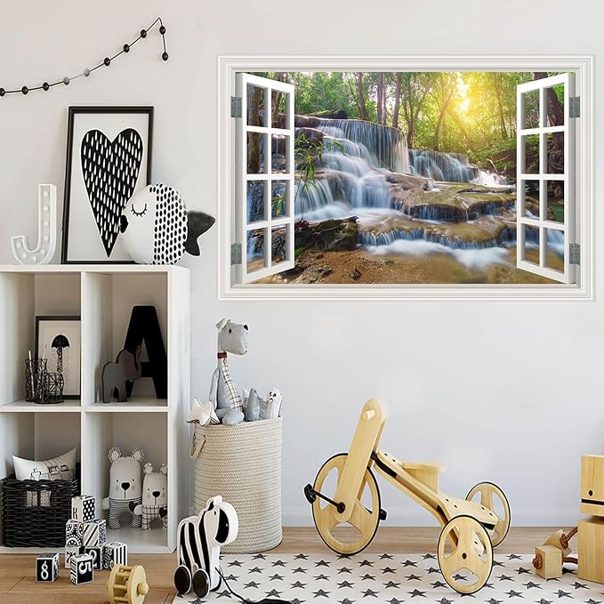 Fake Window Wall Mural Sticker Forest Tree Jungle Waterfall Faux Window Poster Decal Picture Open Wall Art Decor, Stick and Peel Landscape Natural Scenery Scene（48"x32",Set of 2 Sheets） - Image 3