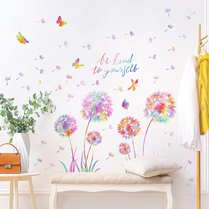 Large Dandelion Wall Decals Colorful Flower Art Stickers Peel and Sticks | wall stickers, floral dragonfly butterfly decor, removable vinyl, inspirational quotes, for kids girl bedroom living room - Image 7