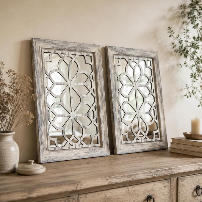 Set of 2 11x15 Inch Rectangular Shatterproof Grey Decorative Wall Mirrors, Boho Farmhouse Rustic Vintage Accent Mirrors for Living Room Bedroom Entryway & Home Decor - Image 3