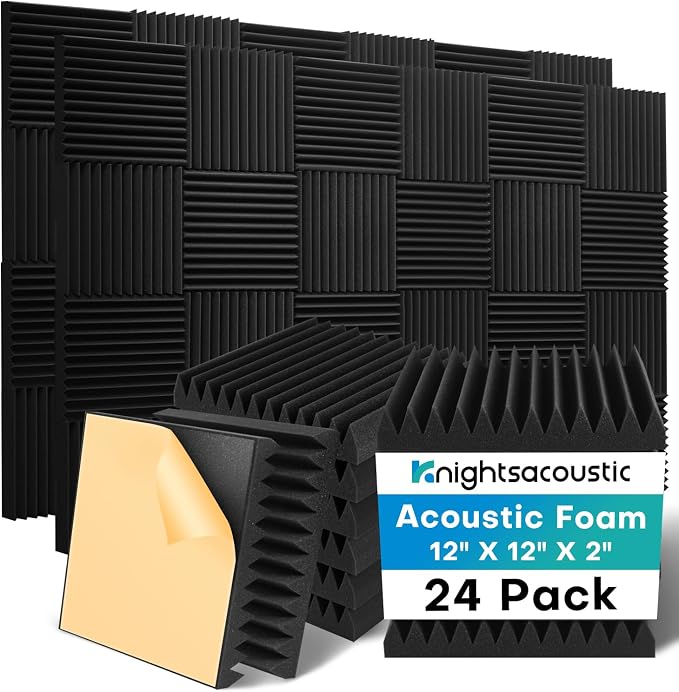 Knightsacoustic 24 Pack Sound Proof Foam Panels for Walls with Self Adhesive, 12x12x2 Acoustic Foam Panels, High Density Acoustic Panels Sound Absorbing, Fire Resistant Studio Sound Proofing Black by Knightsacoustic
