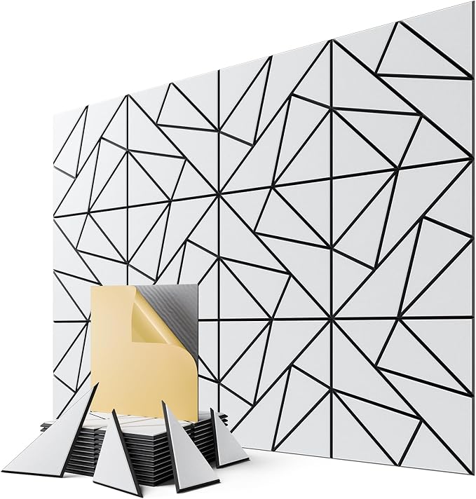 12-Pack Felt Acoustic Panels,12"x12"x0.4" Soundproof Wall Panels, Peel & Stick Sound Proof Foam Panels for Walls, Geometric Noise Reduction Panels for Home Office,Studio (White on Black) by Lebenforce