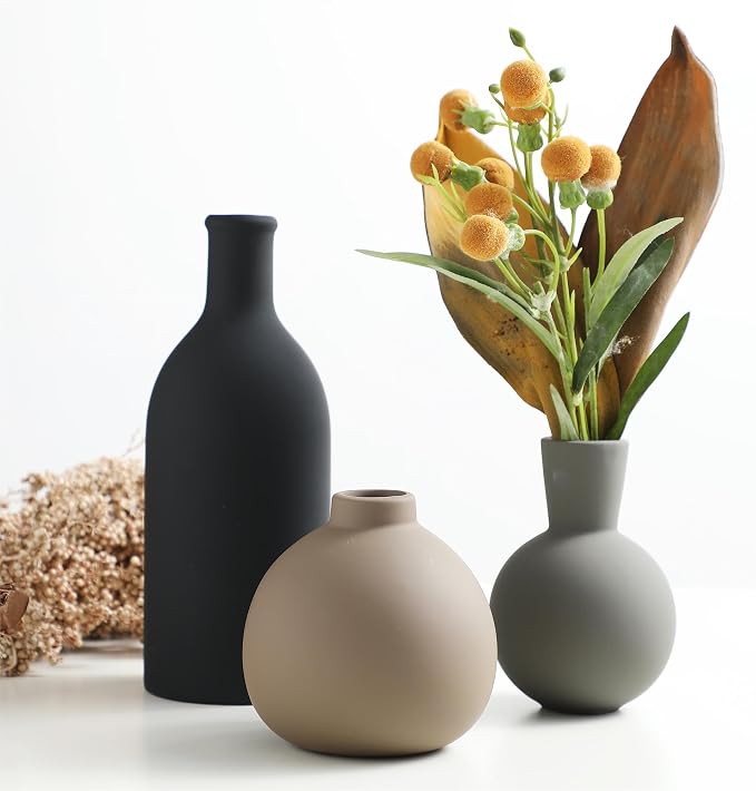 Ceramic Vase Set of 3, Vases Home Decor Rustic Farmhouse Decor Pottery Vases for Bouquet Pampas Grass Dried Fresh Flowers, Living Room, Kitchen, Bedroom, Bathroom, Entryway Mantel, Decor -Multicolor - Image 3