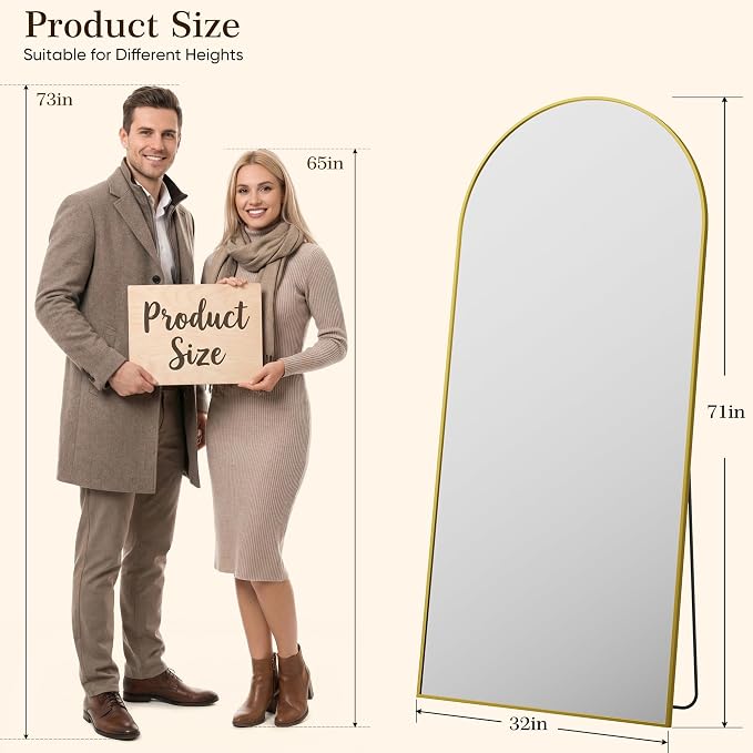 71"x32" Arched Full Length Mirror, Full Body Floor Mirror, Gold - Image 2
